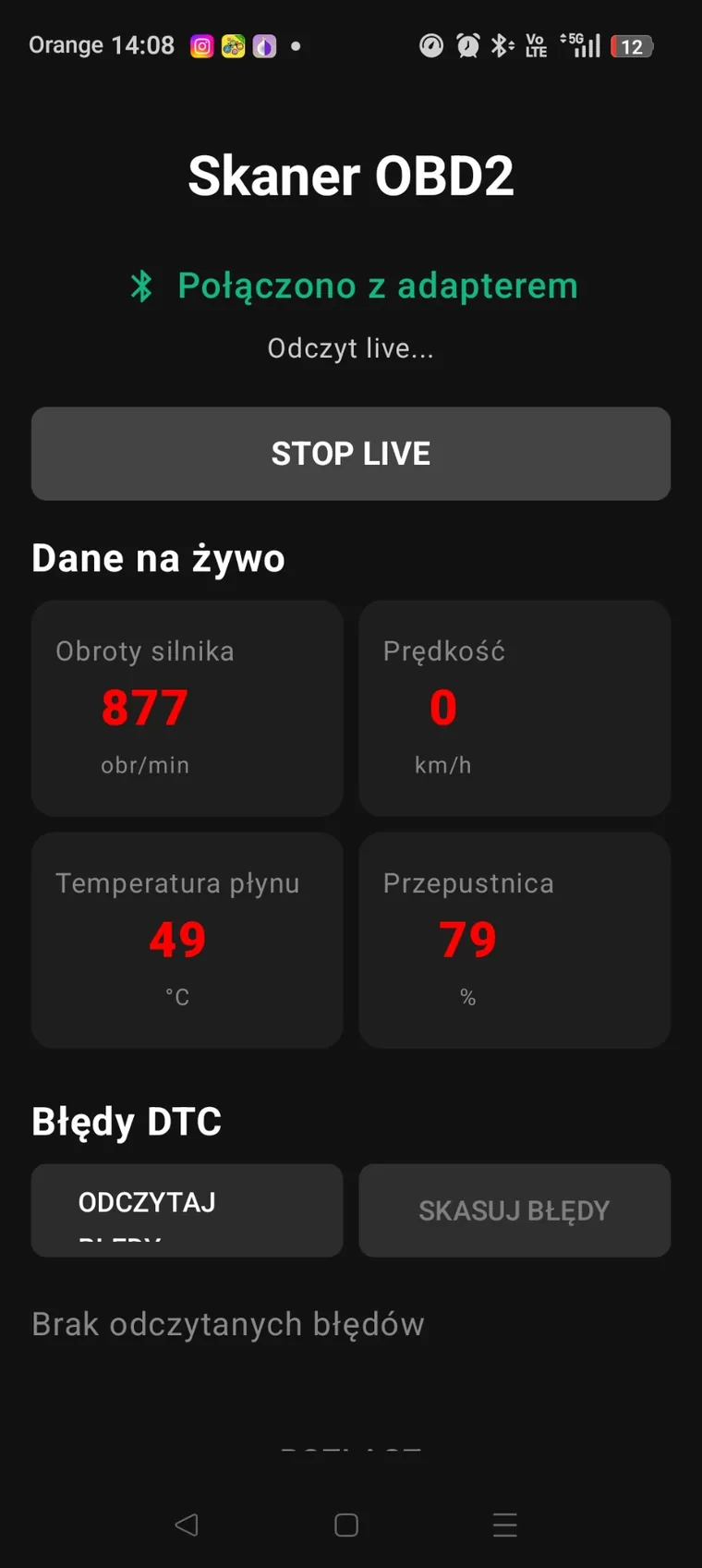 Odczyt OBD2 live i dane silnika w aplikacji